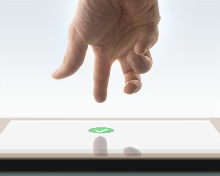 Hand is touching a Screen with a "check" icon, isolated on white background