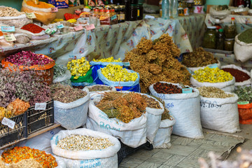 Bags of dried herbal tea for sale at city local market. Lahic. Azerbaijan