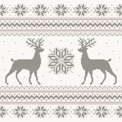 Beautiful vector Christmas knitted sweater nordic ornament design with pixel deer