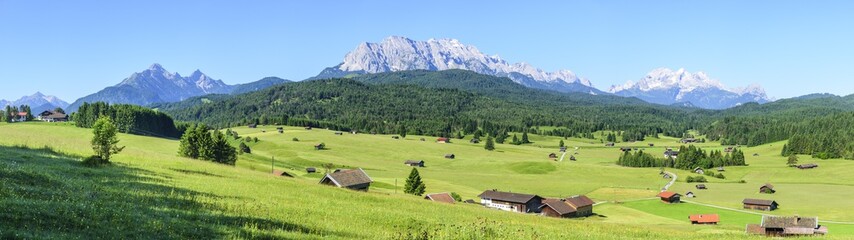 Fototapeta na wymiar saftige Kräuterwiesen vor der Kulisse von Wetterstein und Zugspitze