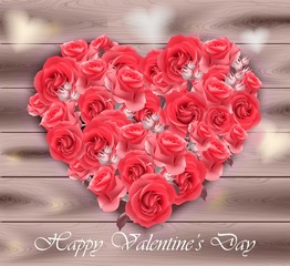 Valentines day card. Roses heart on wood background Vector
