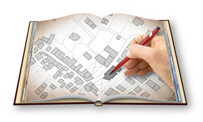 Hand drawing an imaginary cadastral map of territory with buildings and roads - I'm the copyright...