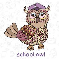 Owl in Graduate Hat. Back to School. Template for style design.