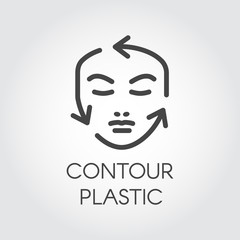 Face contour correction linear icon. Plastic surgery or cosmetic procedures graphic concept pictogram. Human portrait with guide arrows. Simplicity illustration in outline style. Vector