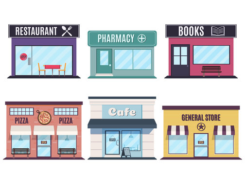 Store and restaurants facades. Fast Food Restaurants and shop buildings. Vector illustration in flat style