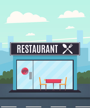Restaurant on the background of the city. Restaurant facade. Vector illustration in a flat style