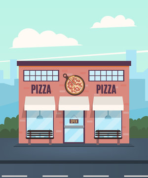 Pizzeria in the background of the city. Pizzeria facade. Vector illustration in a flat style