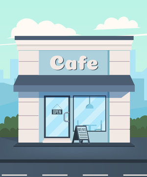 Cafe in the background of the city. Cafe facade. Vector illustration in a flat style