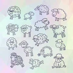 Vector set of sixteen cute sheep. Stock vector template, easy to use.