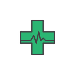 Medical pharmacy filled outline icon, line vector sign, linear colorful pictogram isolated on white. Medical cross whit heart beat symbol, logo illustration. Pixel perfect vector graphics