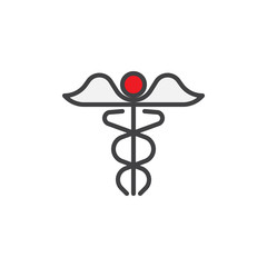 Medical caduceus filled outline icon, line vector sign, linear colorful pictogram isolated on white. Healthcare symbol, logo illustration. Pixel perfect vector graphics
