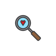 Heart with magnifying glass filled outline icon, line vector sign, linear colorful pictogram isolated on white. Love search symbol, logo illustration. Pixel perfect vector graphics