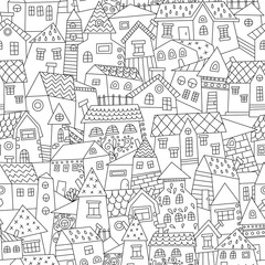 Fototapeta na wymiar Doodle hand drawn town seamless pattern. Seamless pattern can be used for wallpaper, pattern fills, web page background, surface textures.