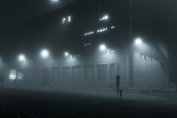 Fototapeta na wymiar Empty road and streetlights at foggy night