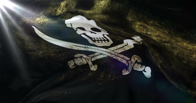 Pirate flag with Jolly Roger waving at wind, loop