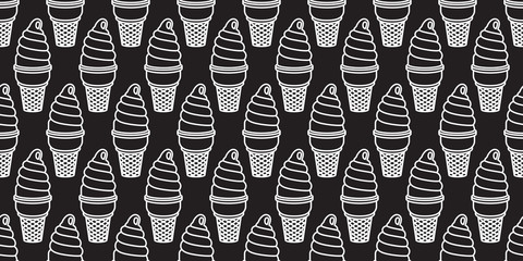 Twisted ice cream cone waffle cup chocolate vanilla watermelon sweet candy vector seamless pattern isolated wallpaper background black