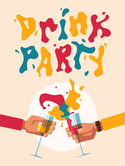 Chin-chin. Clinking glasses with alcohol and toasting, drink party. Cartoon flat vector illustration