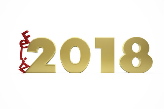 New Year's Happy 2018 in Spanish - Golden Figures and Red Letters Collapsing - 3D Render Illustration Isolated on White Background