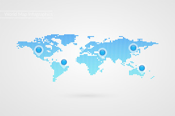 Vector World Map infographic symbol. Dotted icon with map pointers. International global illustration sign. Template elements for business, marketing project, web design, presentation