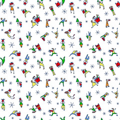 Christmas seamless pattern with people with gifts and christmas tree. Winter seasonal background