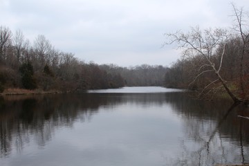 The reflections off the water of the lake in the park.
