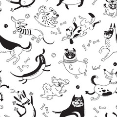 Playing dogs seamless pattern. Funny lap-dog, happy pug, mongrels and other breeds. Vector background for design - 185996747