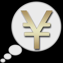 Stock Illustration - Golden Japanese Yen Currency Sign In White Thinking Bubble, Isolated against the Black Background, 3D Illustration.
