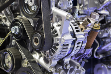 alternator in Diesel Engine with belt ; industry background