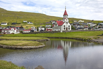 View of the small church of Sandavagur, Faroe Islands