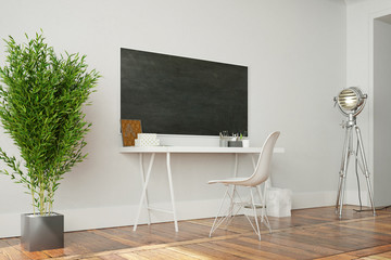 Schreibtisch mit Tafel an Wand im Home Office