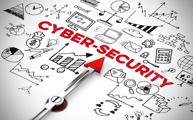 Englischer Slogan „Cyber Security“ (Cyber-Sicherheit) mit Icons und Pfeil