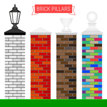 Set of Vector Brick Pillars in Different Colors with Tops