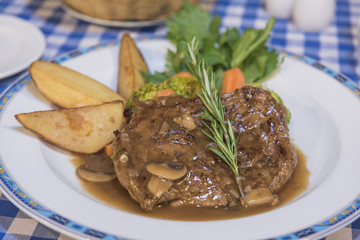 Beef steak with mushroom sauce a la carte meal