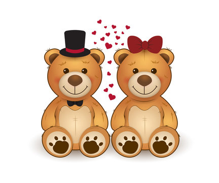 Cute two teddy bears in love. Funny cartoon teddy bears for greeting card on st. Valentine's day, wedding, birthday