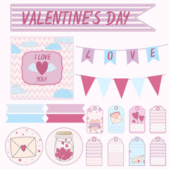 Vector design set elements for a gift on Valentine's day. Gift card, tag, sticker, garland.