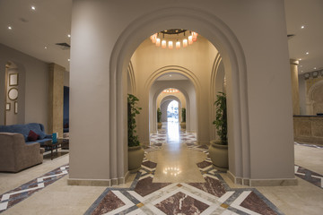 Interior of a luxury hotel lobby reception area