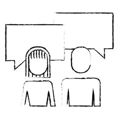 portrait woman and man team work speech bubble