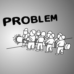 businesspeople using big log to destroy wall of problem vector illustration doodle sketch hand drawn with black lines isolated on gray background. Teamwork business concept.