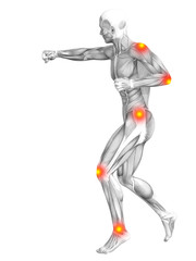 Conceptual human muscle anatomy with red and yellow hot spot inflammation or articular joint pain for health care therapy or sport concepts. 3D illustration man arthritis or bone osteoporosis disease