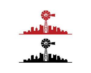 Black and Red Windmill on the City Building Tower Illustration Symbol Logo Vector