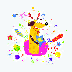 Yellow dog is the symbol of Chinese New Year. Vector flat illustration of a dog with crackers, fireworks, Bengal lights. The image is isolated from the background. The holiday mascot sticker.