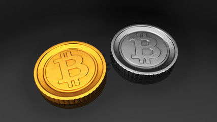 Gold Bitcoin and Silver Bitcoin. 3D rendering