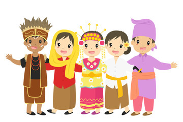 Indonesian children, boys and girls wearing traditional dress cartoon vector. Papua, Jakarta, South Kalimantan, Bali, and Riau traditional dress