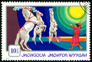 Ukraine - circa 2017: A postage stamp printed in Mongolia shows drawing Dressage horse. Series:...
