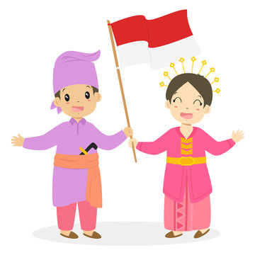Happy boy and girl wearing Riau traditional dress and holding Indonesian flag. Indonesian children, Riau traditional dress cartoon vector