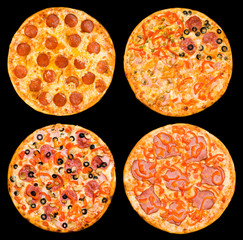 set of pizza with pepperoni and ham