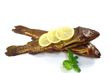  smoked trout on whitw background