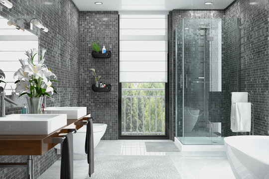 Modernes Badezimmer in wei&szlig; und schwarz mit Dusche, Badewanne, WC, Bidet und zwei Waschbecken mit einem gro&szlig;en Spiegel