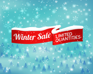 Winter sale background with red realistic ribbon banner and snow. Vector illustration