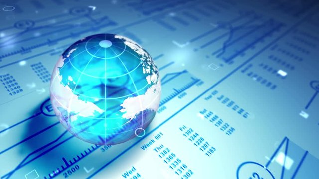 Glass sphere, globe, diagrams of market trends. Looping 3d animation.
